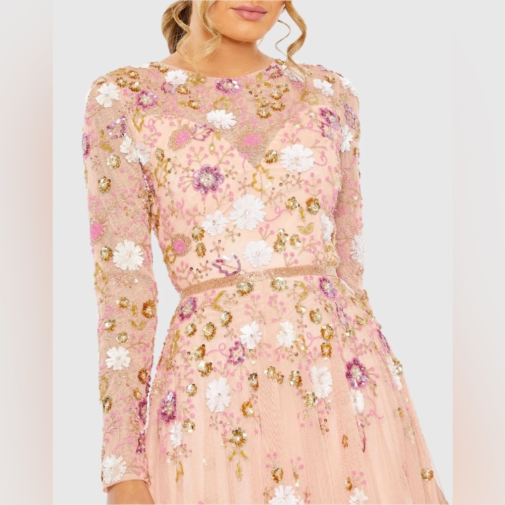NWT $598 MAC DUGGAL Sequined Floral Long Sleeve High Neck Midi Dress Blush 5716 - Picture 3 of 4